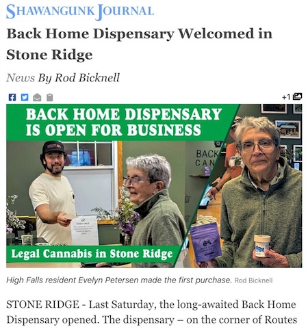 Back Home Cannabis Dispensary opens in Stone Ridge, Shawangunk Journal, October 3, 